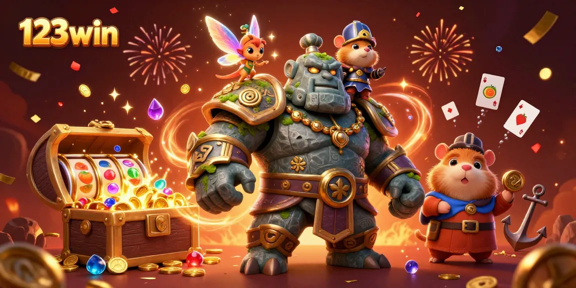 Experience the thrill of 123win with a dynamic scene featuring a golem guardian and magical elements.
