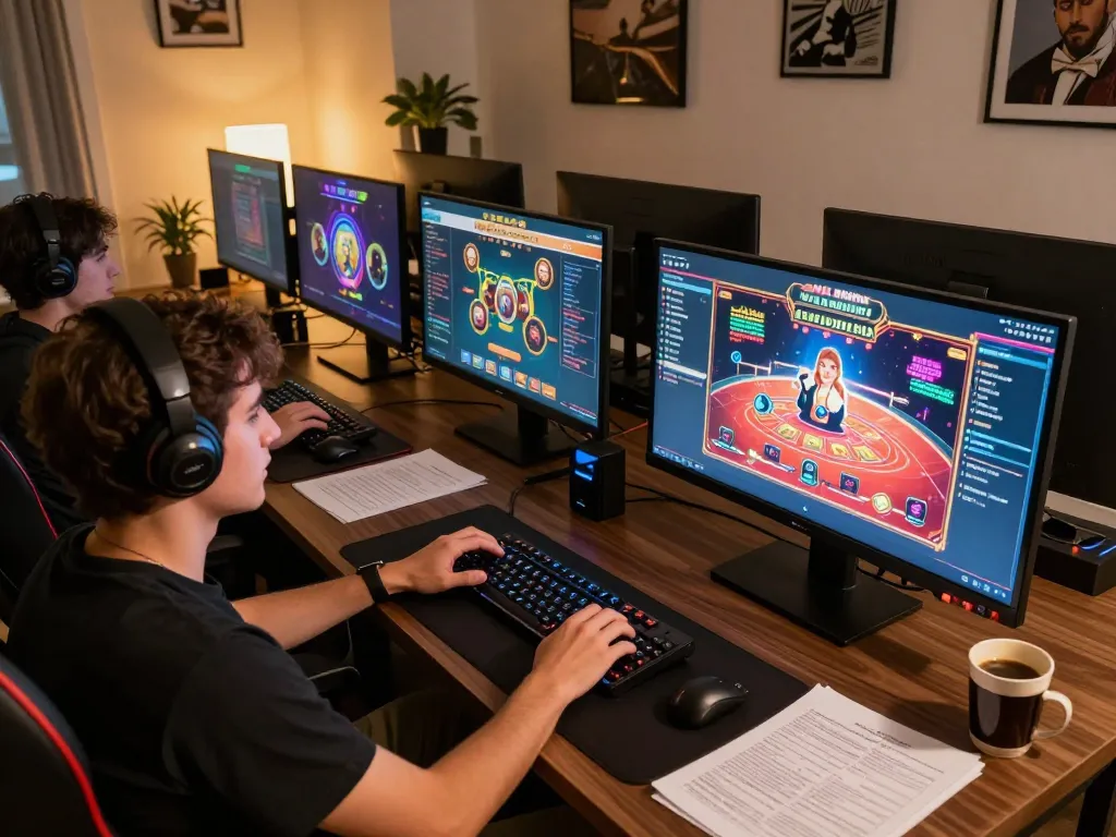 Engaged player enjoying casino online americani games on multiple screens in a cozy setup.