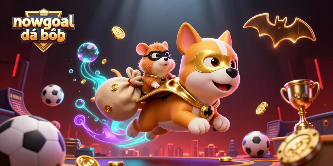 Witness nowgoal đá bóng as a superhero dog and hamster fly through the gaming sky, surrounded by sports symbols and dazzling effects.