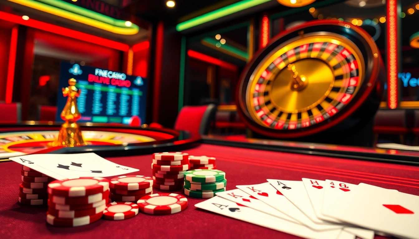 Découvrez l'excitation du casino en ligne Français avec un environnement de jeu en ligne dynamique mettant en vedette des jetons de poker et une roulette.
