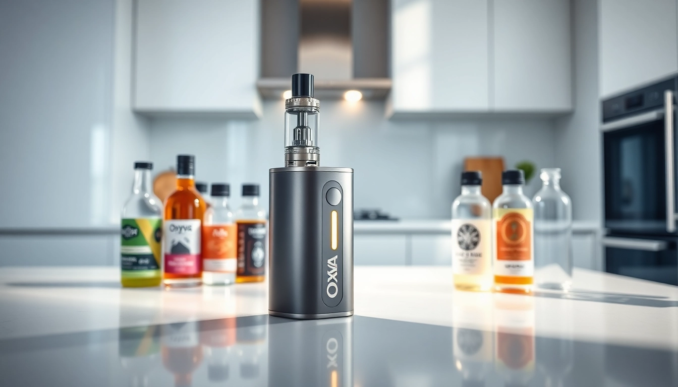 Verwenden Sie Oxva Vape-Geräte auf einem eleganten modernen Tisch mit E-Liquids.