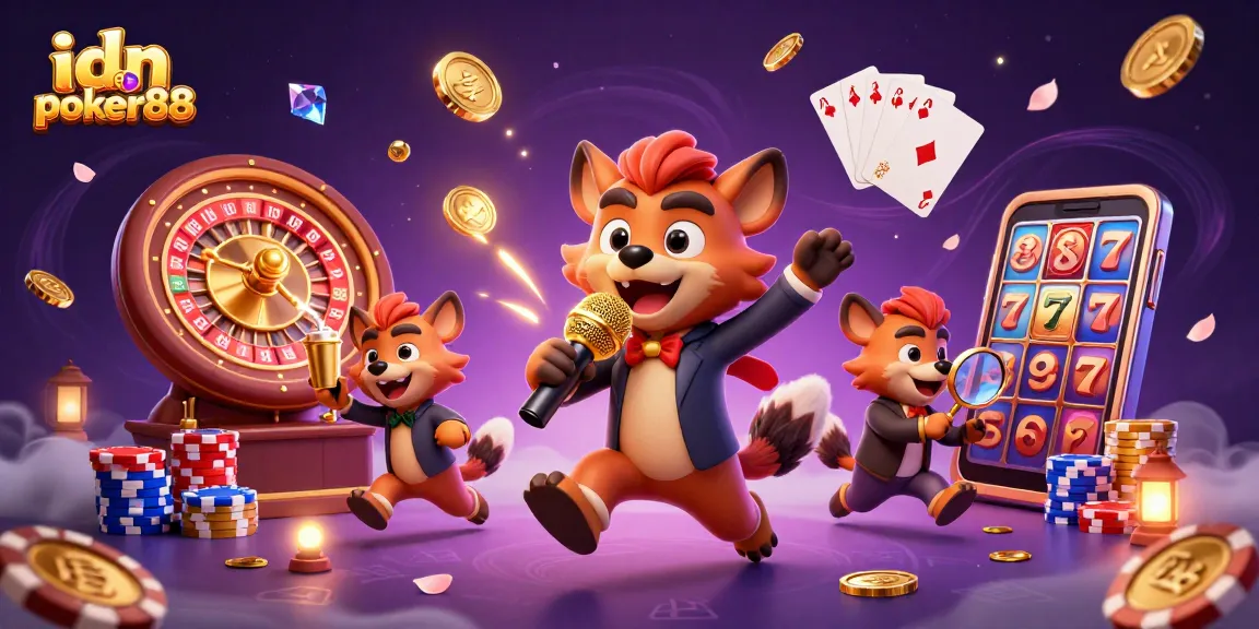 Playing at idn slot poker88 with vibrant hyenas in a colorful casino atmosphere, delivering laughs and excitement.