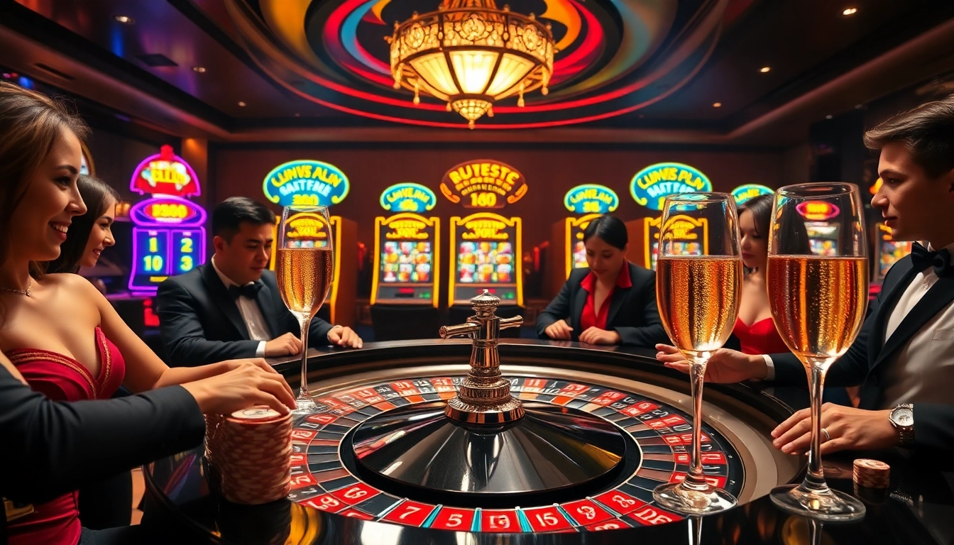 Experience the thrill at RR88's elite casino gaming scene with roulette and vibrant slot machines.