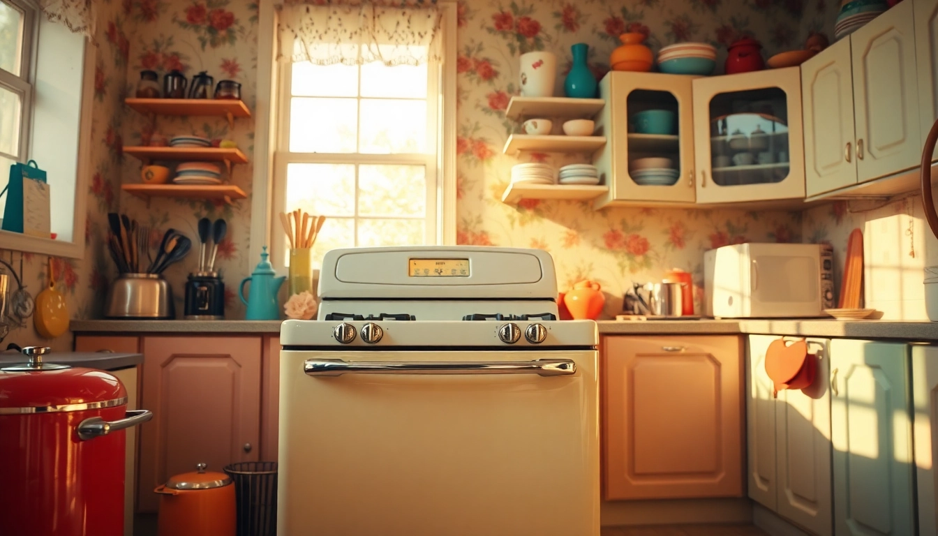 Capture a Retro Oven in a vibrant vintage kitchen filled with colorful utensils.