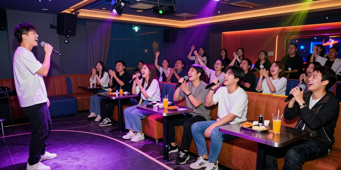 달토 가라오케에서 친구들과 함께 노래 부르는 활기찬 분위기