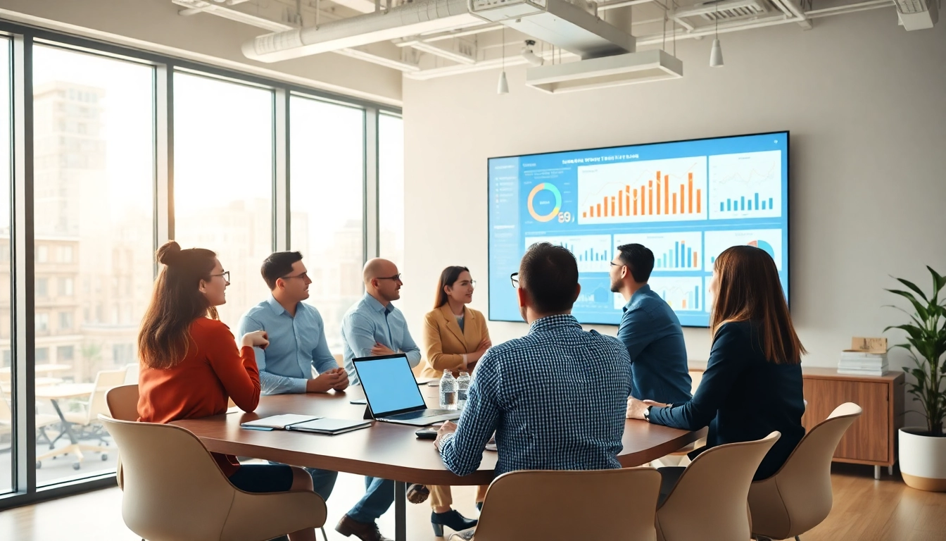 Evaluate growth strategy trends during an engaging business meeting with diverse team members.