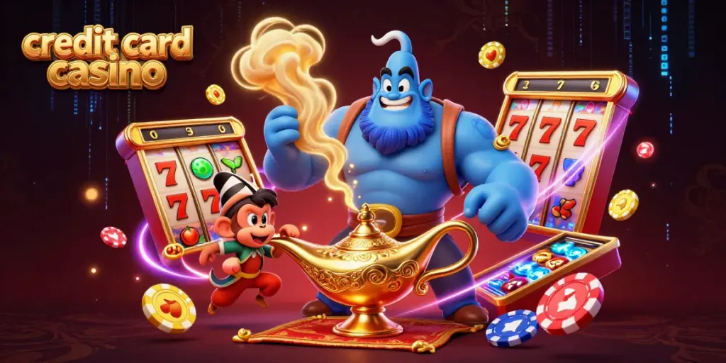 Engage with a vibrant credit card casino illustration featuring a powerful genie, monkey, and exciting slot game elements.