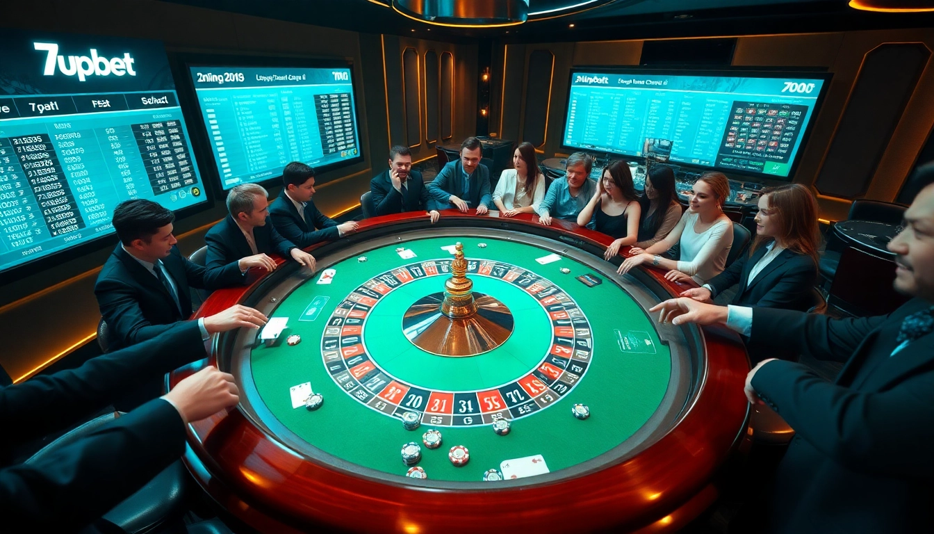 Engage in thrilling gambling action at 7upbet with a vibrant casino scene showcasing roulette and poker.