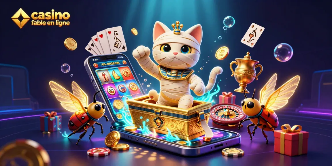 Découvrez le casino fiable en ligne avec un chat momie égyptien et des éléments de jeu colorés.