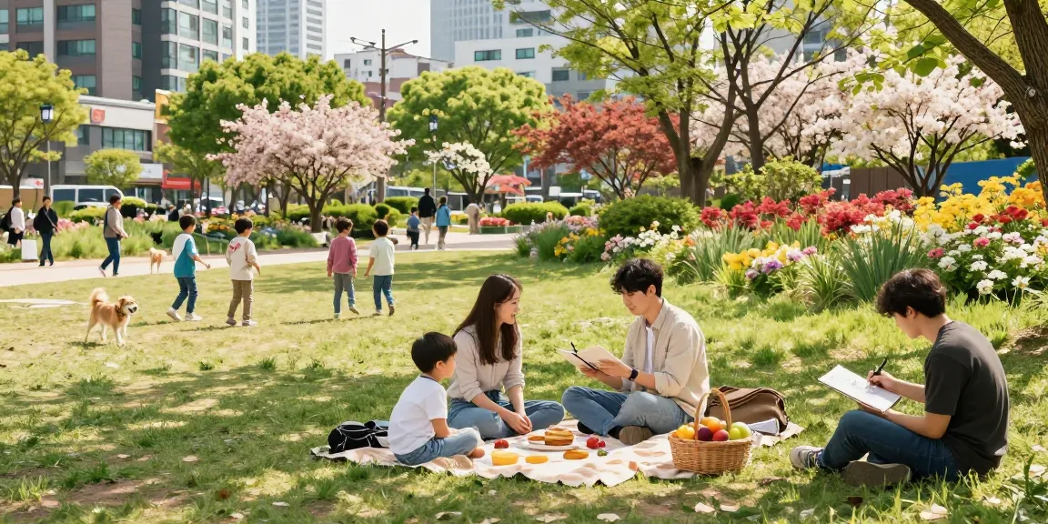 Families enjoying a sunny day in 상봉동 한국관 park, capturing community spirit.