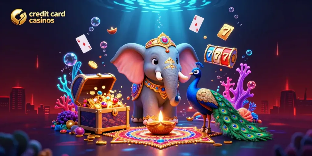 Experience vibrant credit card casinos with a colorful Diwali-themed scene featuring playful characters and dynamic game elements.