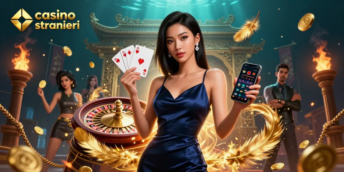 Scopri l'eccitazione dei casino online stranieri con una donna asiatica glamour che tiene uno smartphone e un chip d'oro.
