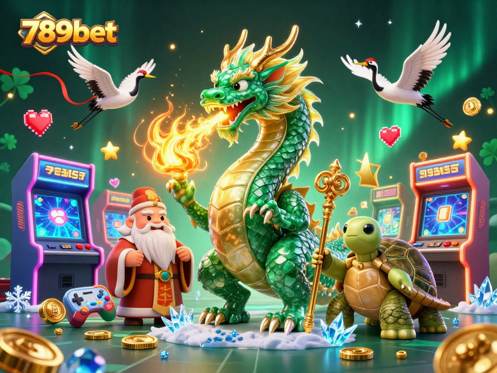 Experience the magic of 789bet with a dragon, turtle sage, and lucky cranes in an exciting casino scene.