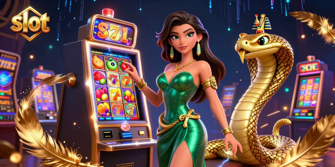 Experience exhilarating slot gaming with a stunning illustration of a woman in green gown and a golden cobra.