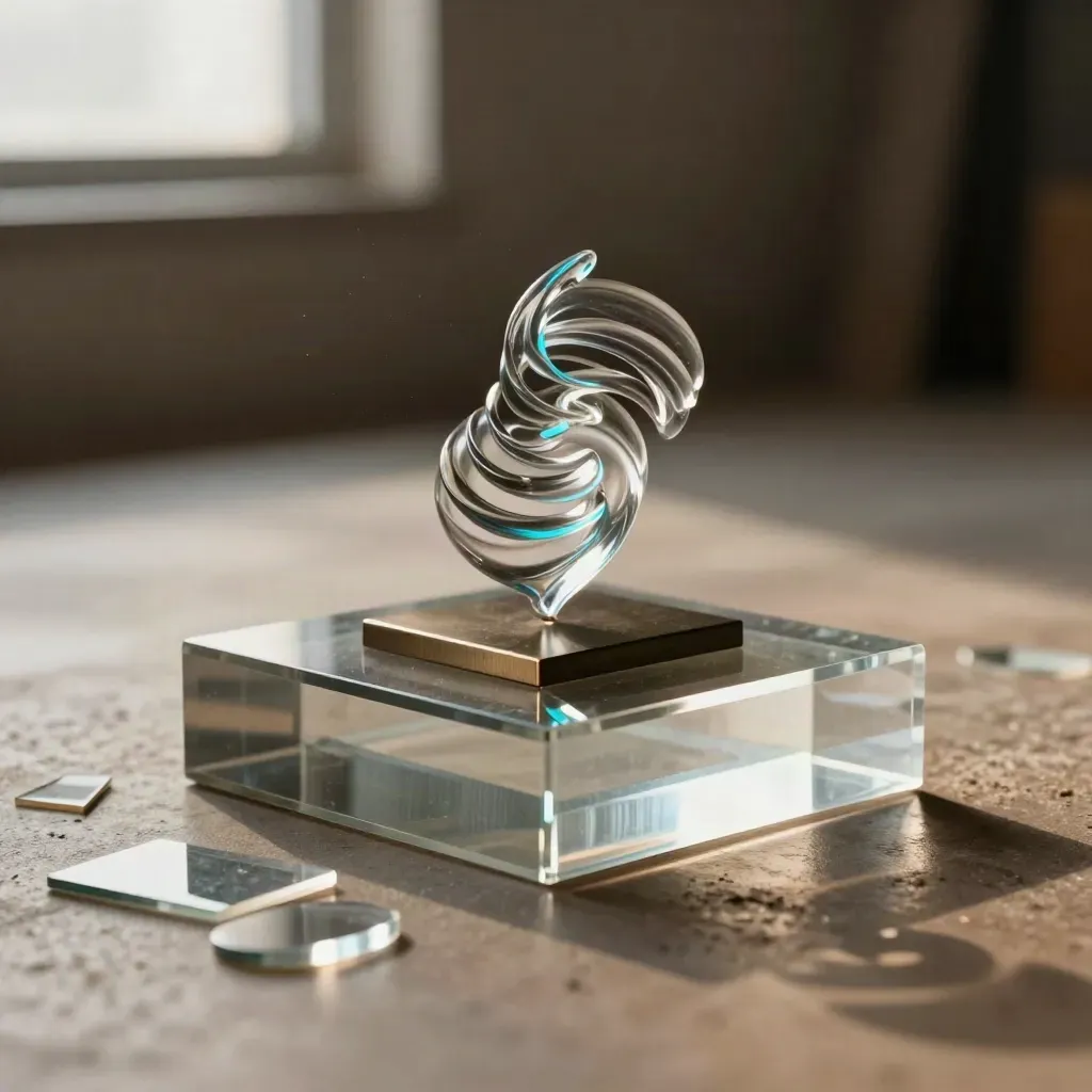 Acrylic scene blocks and a spiral sculpture frozen mid-rotation on a dark plinth with cyan glow.