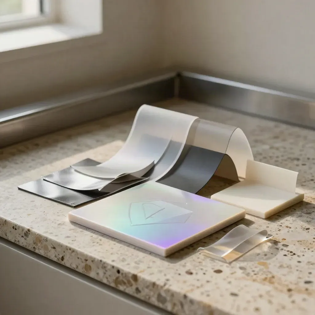 Holographic branding samples on travertine stone with a glowing abstract mark tile.
