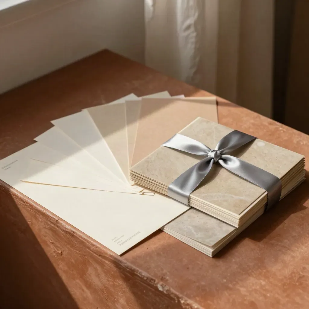Overhead fan of blank poster panels, folded story cards and a silver-ribboned sample deck on terracotta plaster.