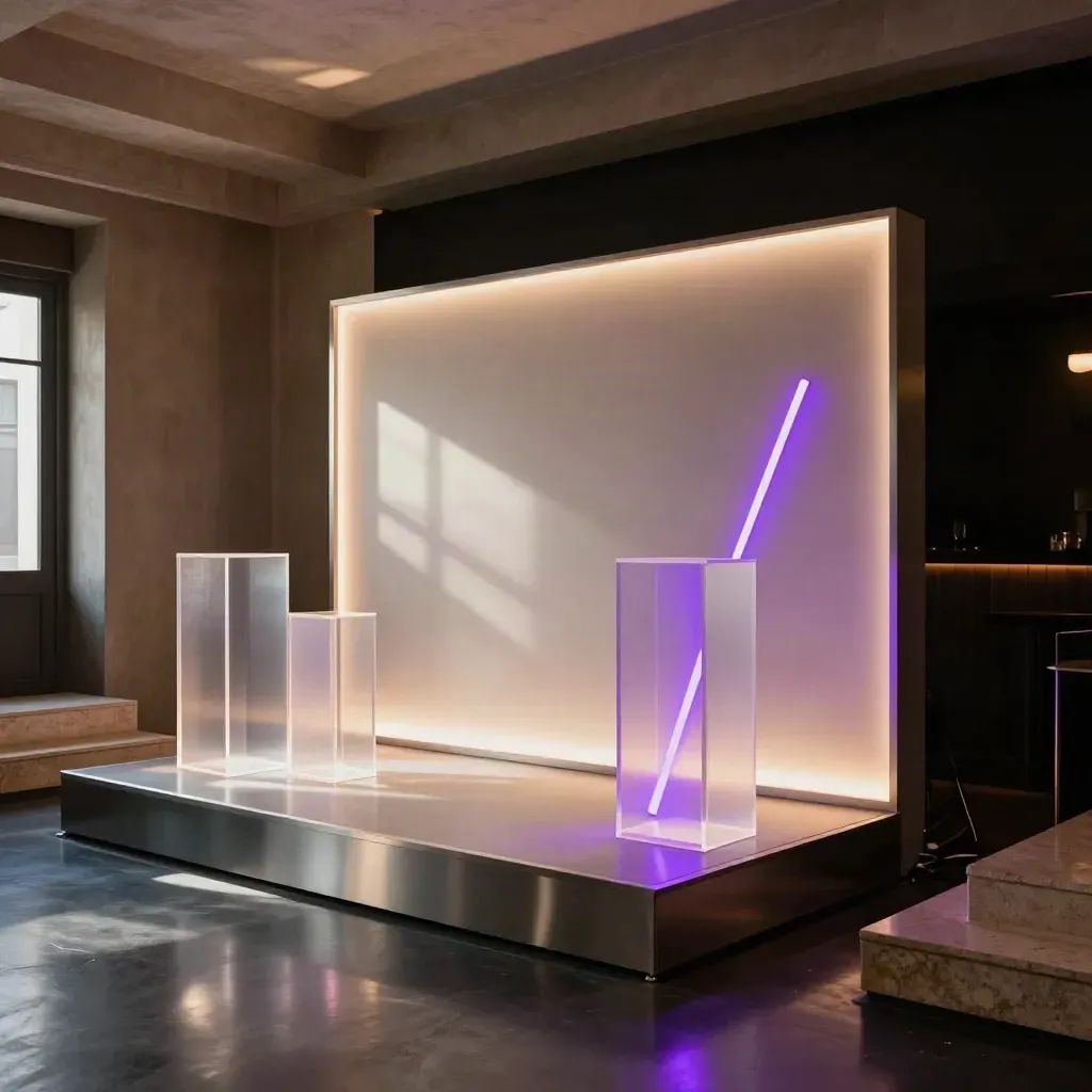 Illuminated acrylic plinths and violet light bars in a hazy club launch venue