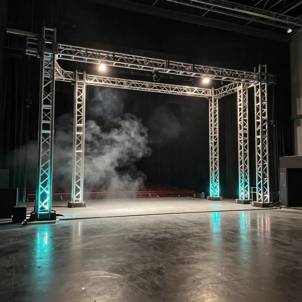 Empty tour stage glowing with cyan light columns, truss spine, haze, and reflective floor tiles
