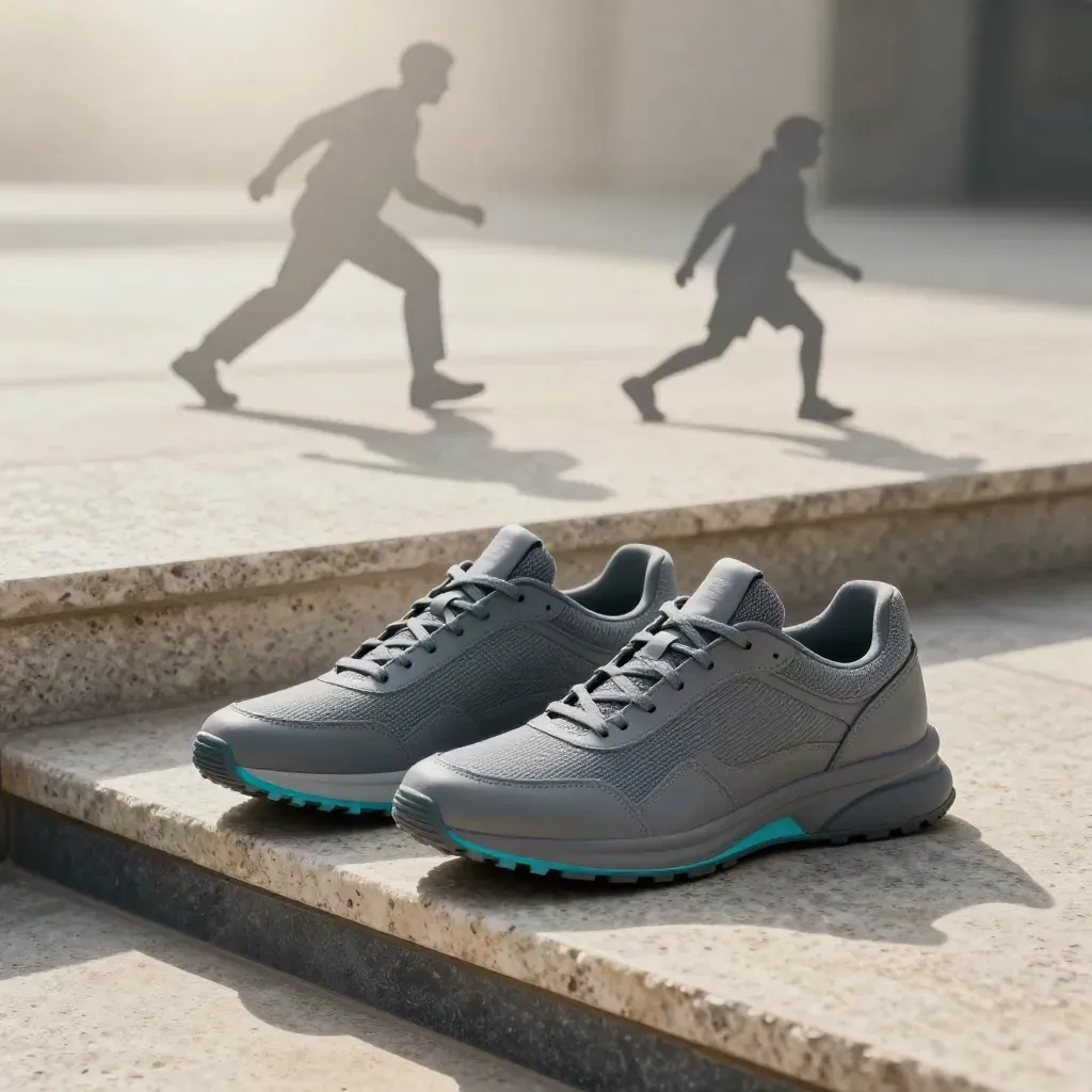 Three sneaker silhouettes on stone risers with cyan-rimmed shadow doubles.