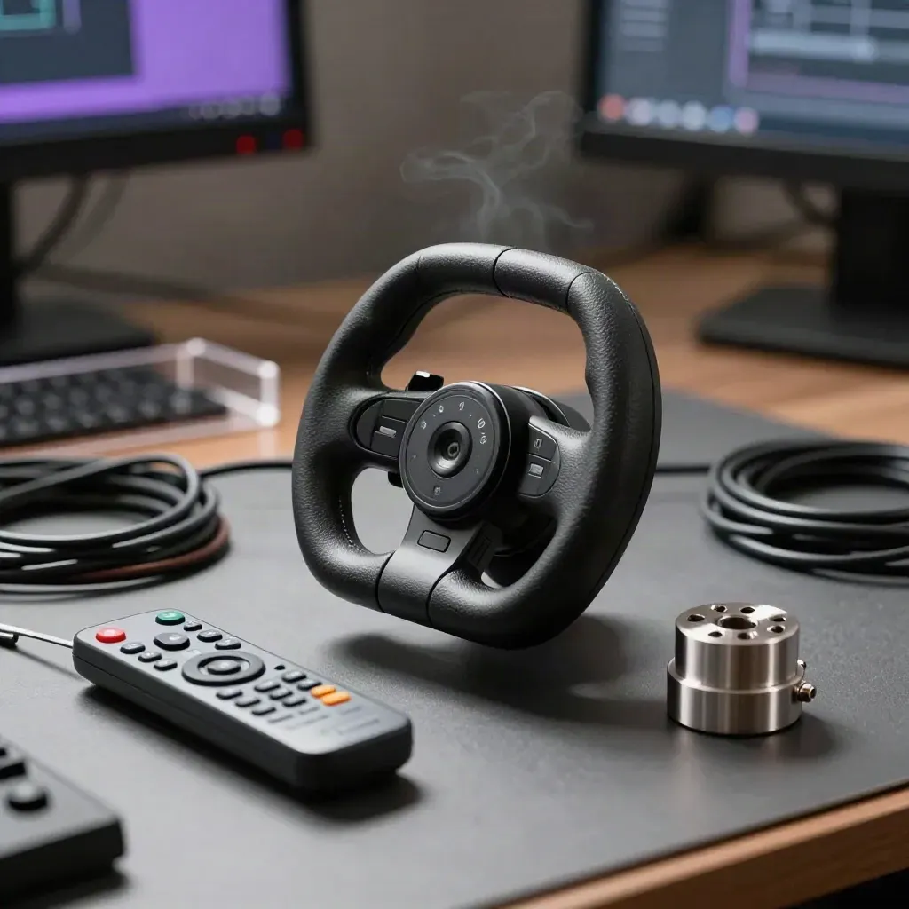 Motion-control wheel, coiled cables and timing remote on graphite under dramatic studio light.