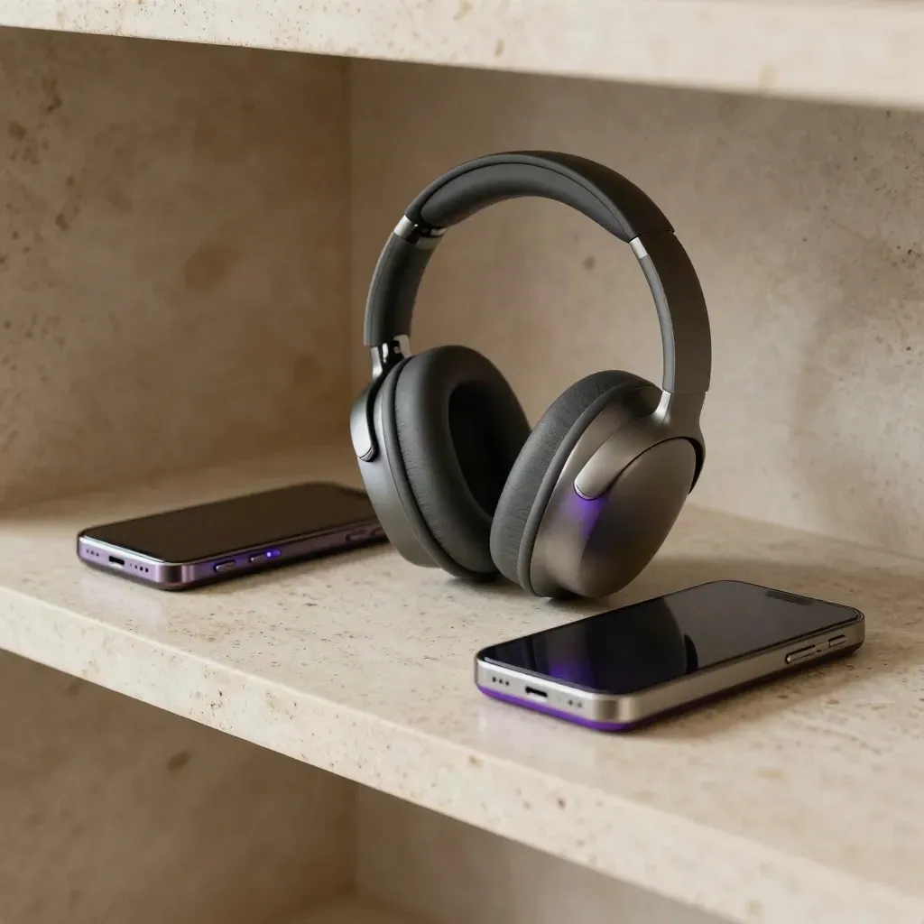 Headset cradle, twin phones, and drive case on a travertine shelf under moody violet light.