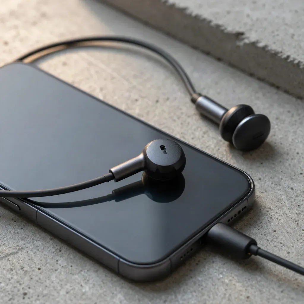 Dark smartphone, coiled headset cable, and audio puck on brushed concrete, top-down and minimal.