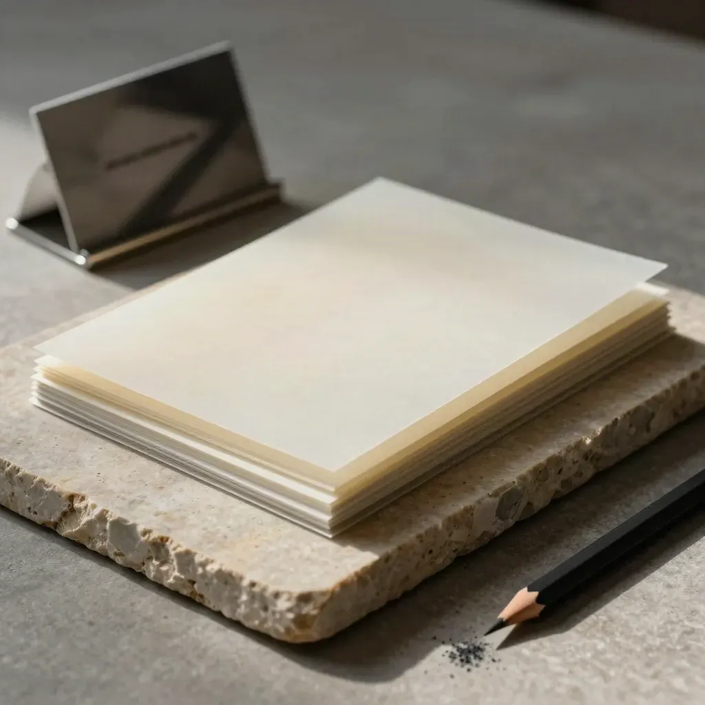 Acetate proof sheets, clip, and pencil on limestone with soft side light