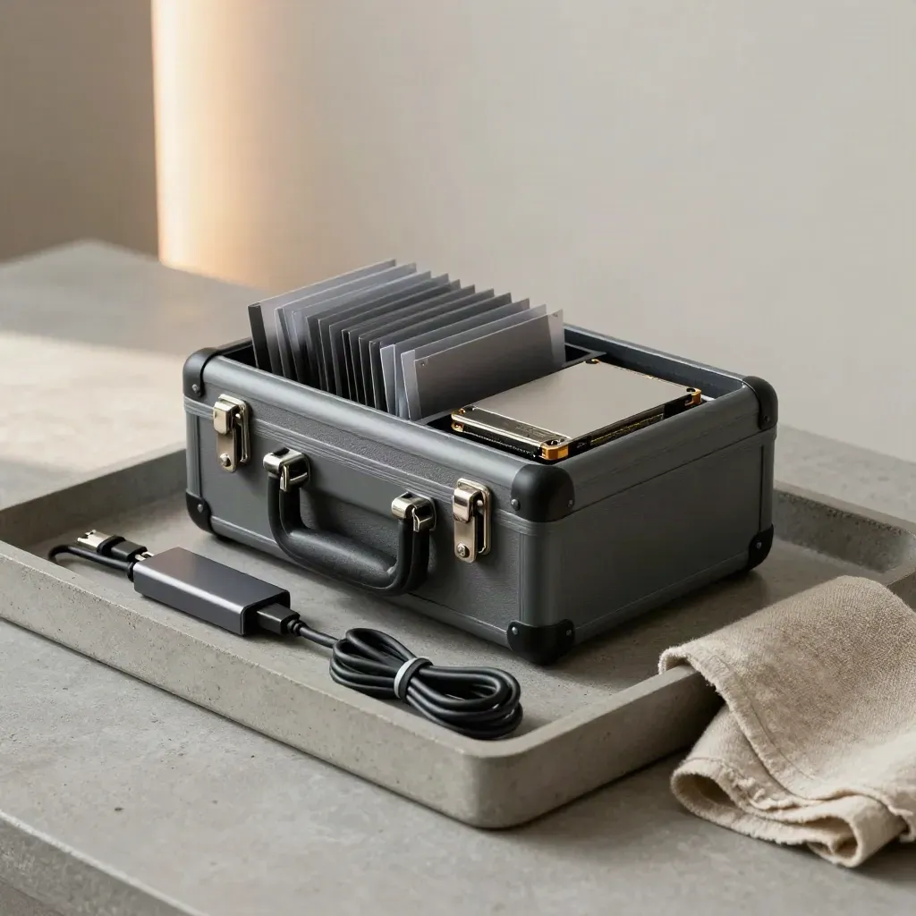 SSD drives, USB-C hub and archive case arranged on a concrete tray with soft side light.
