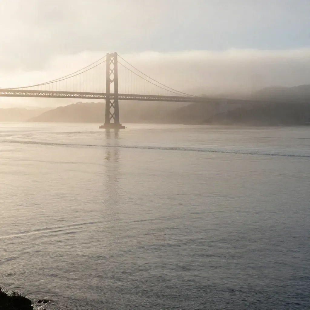 Foggy San Francisco Bay waterfront with bridge span high above calm silver water at dawn
