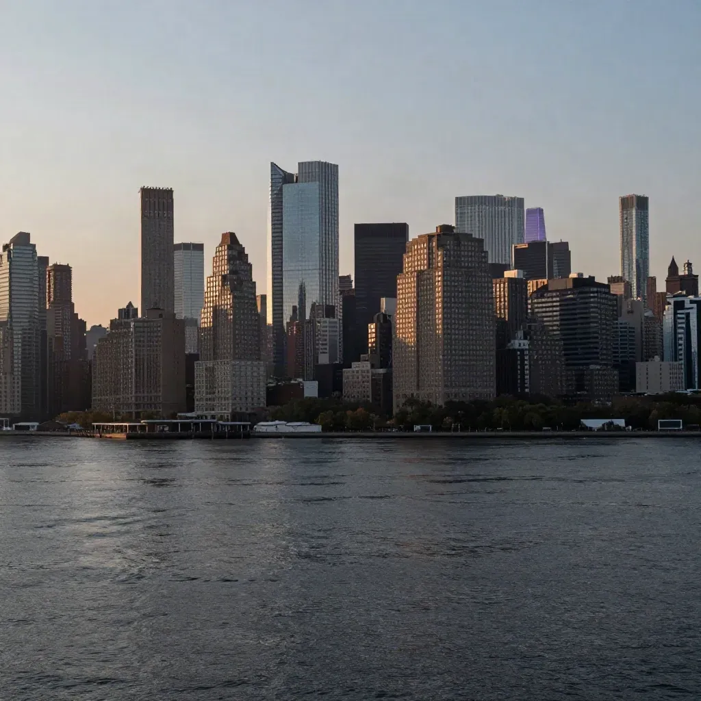 Golden-hour New York skyline across the river with dark calm water and soft haze