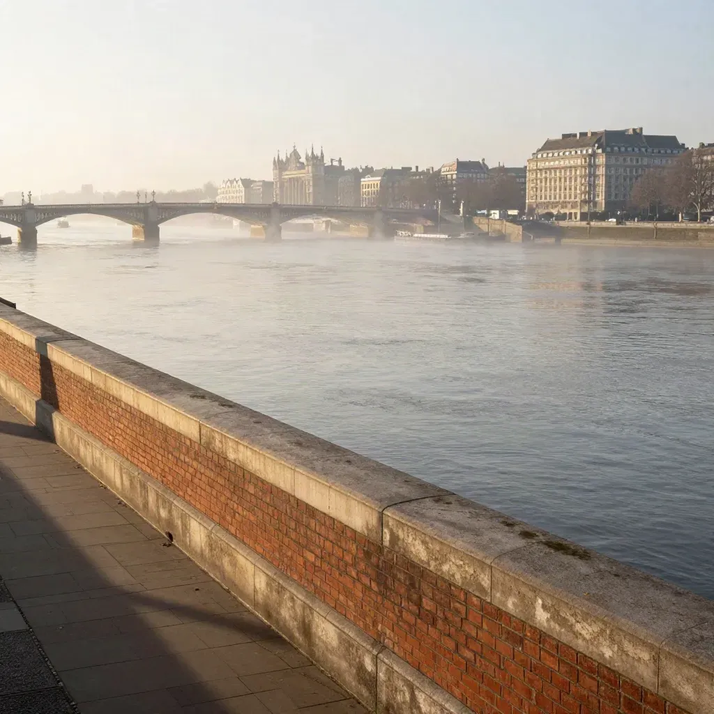 Misty Thames view with a bridge line, distant towers, and warm morning light over calm river.