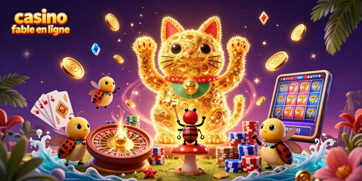 Célébrez la magie des casinos en ligne fiables avec cette illustration de chat chanceux animé entouré de jeux d'argent.