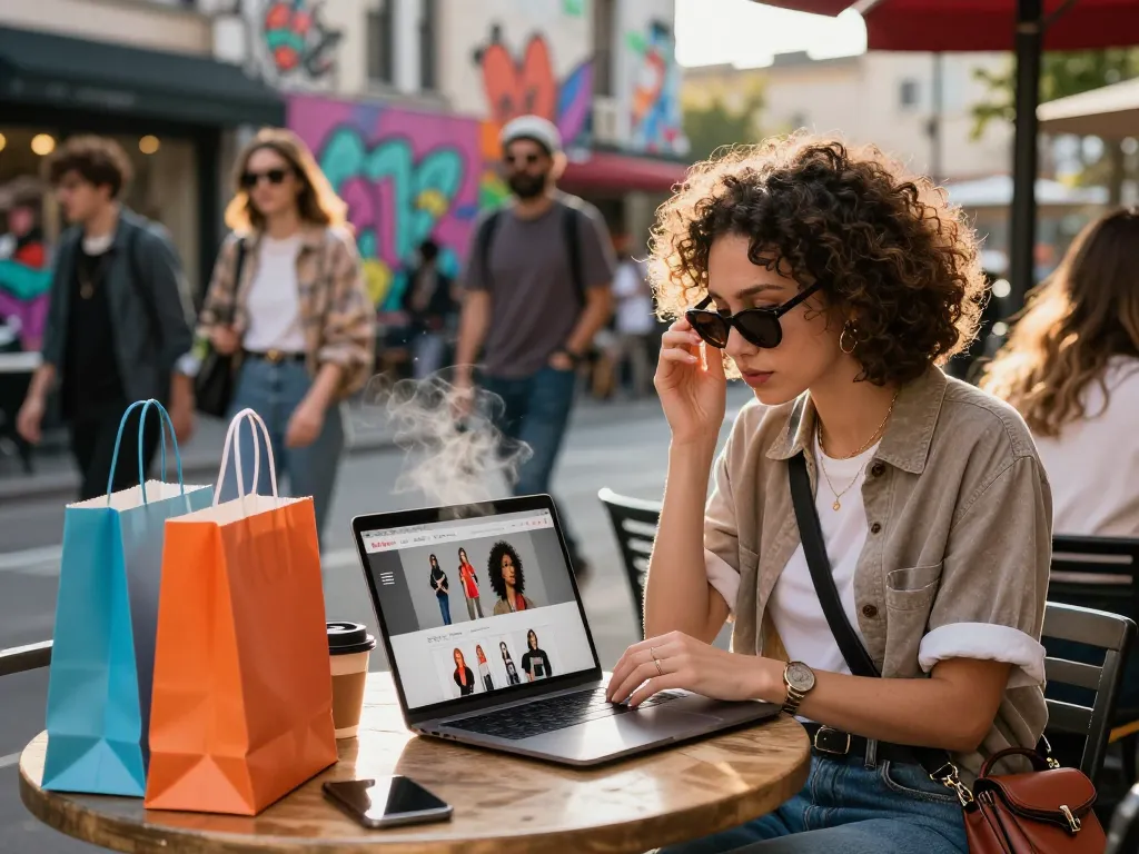 Individual shopping online at shs-dome5.com while enjoying coffee in a vibrant urban café