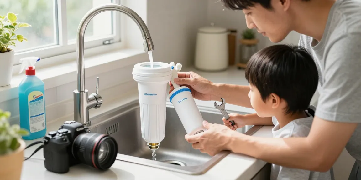 Replacing the Waterdrop FQK1R, GXULQR Under Sink Replacement Filter in a bright kitchen, showcasing family involvement and home maintenance.