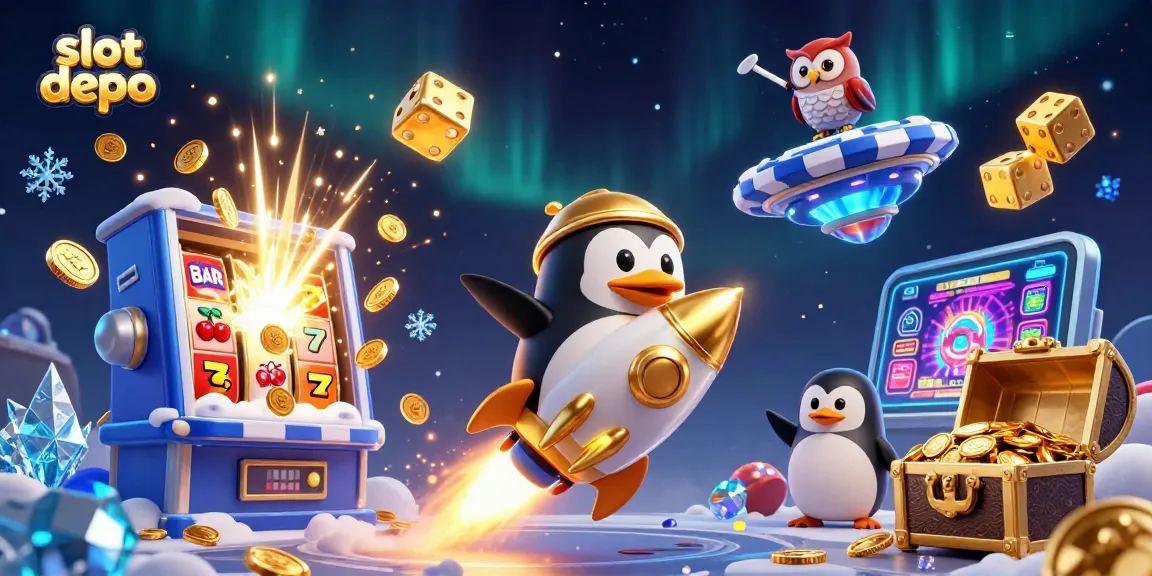 Experience thrilling slot depo action with a dynamic penguin and vibrant casino elements.