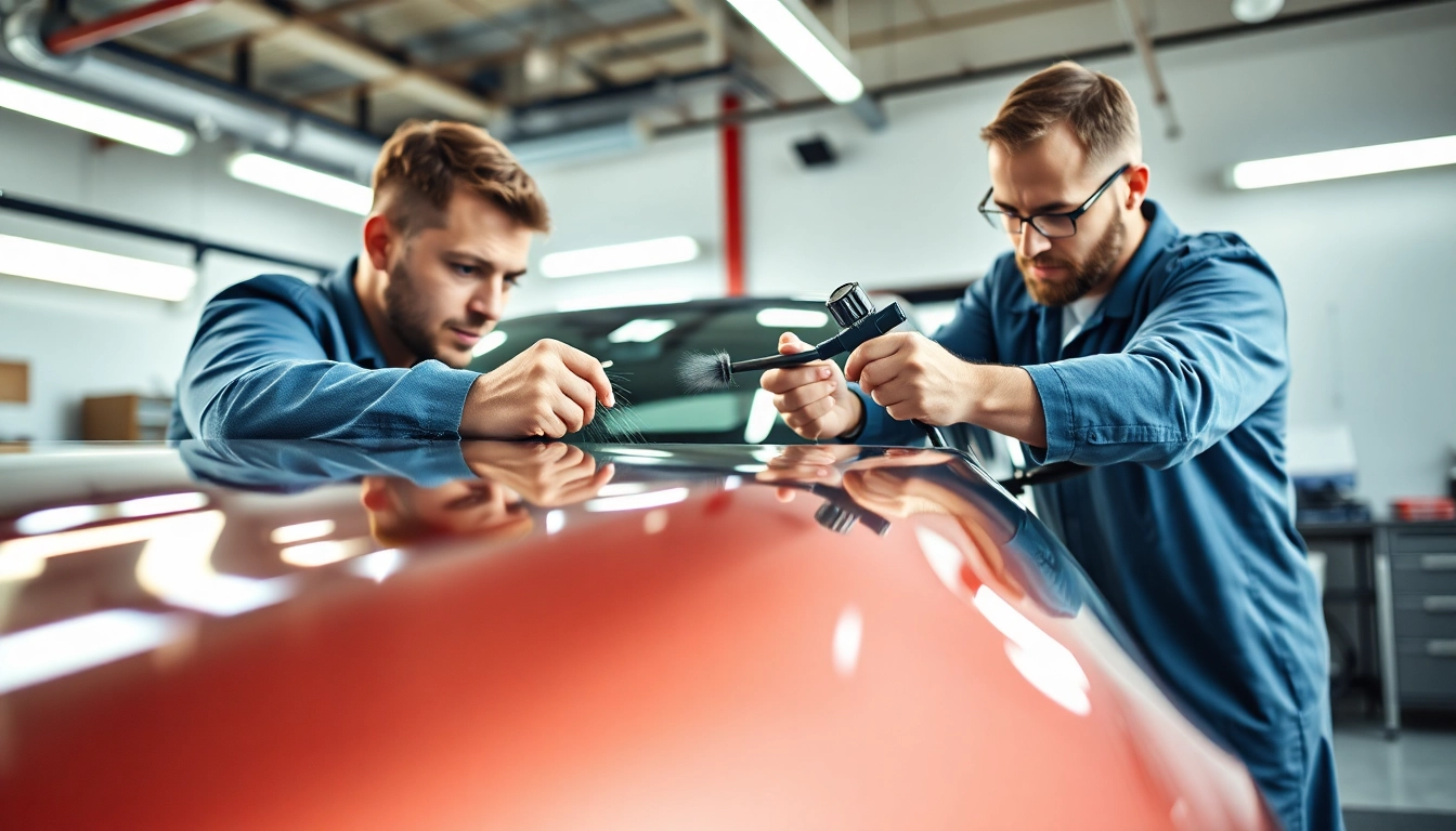 Applying ceramic coating near me to a vehicle in a bright auto detailing studio.