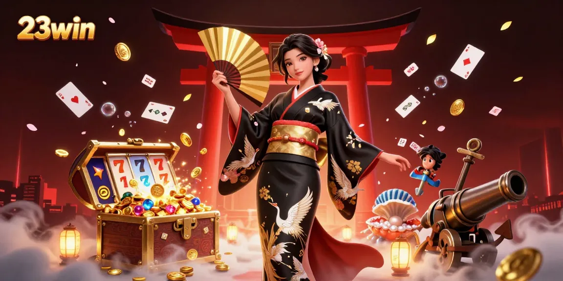 Experience excitement at 23win with its dazzling slots and casino games set in a vibrant illustrative scene.
