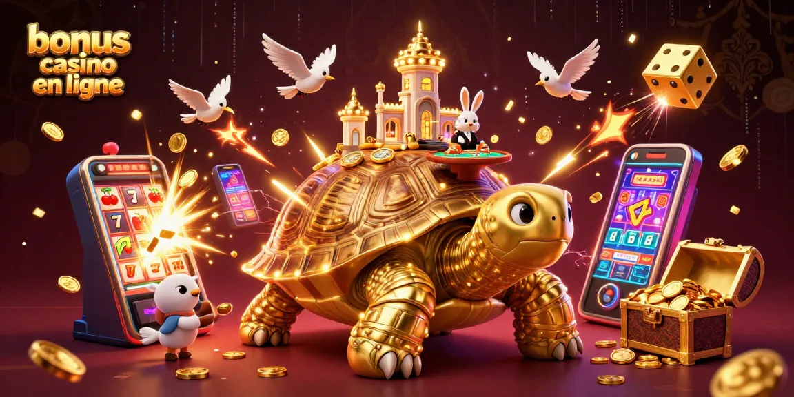 Interagissez avec le bonus casino en ligne à travers une scène de casino 3D vibrante mettant en vedette une tortue en or et des thèmes de jeux passionnants.