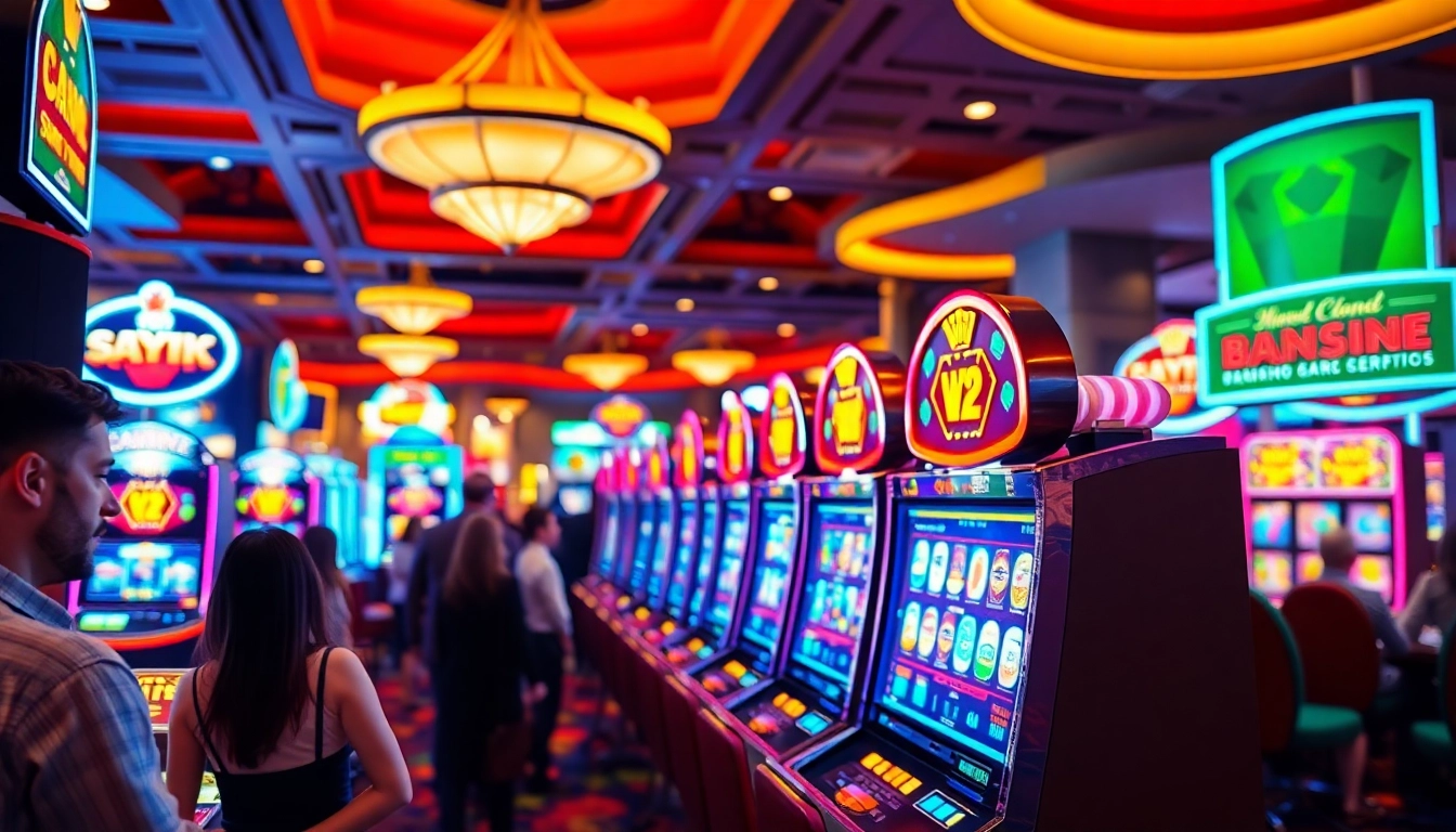 Permainan aplikasi slot yang menarik dengan lampu cerah dan suasana kasino yang meriah.