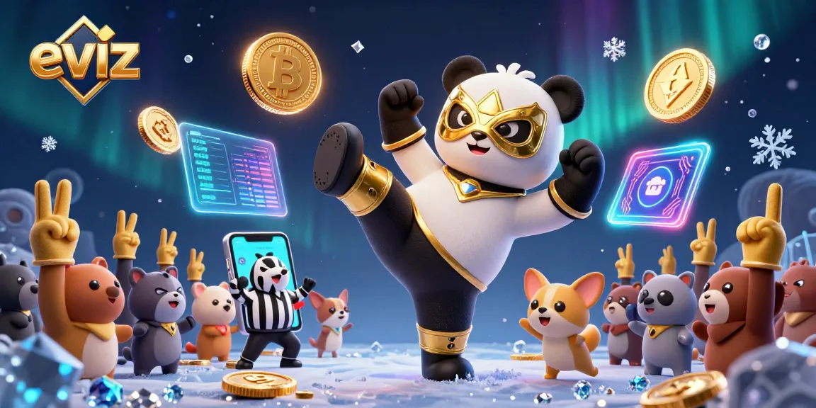 Watch eviz's 3D panda wrestler in action with casino thrills and colorful cryptocurrency elements.