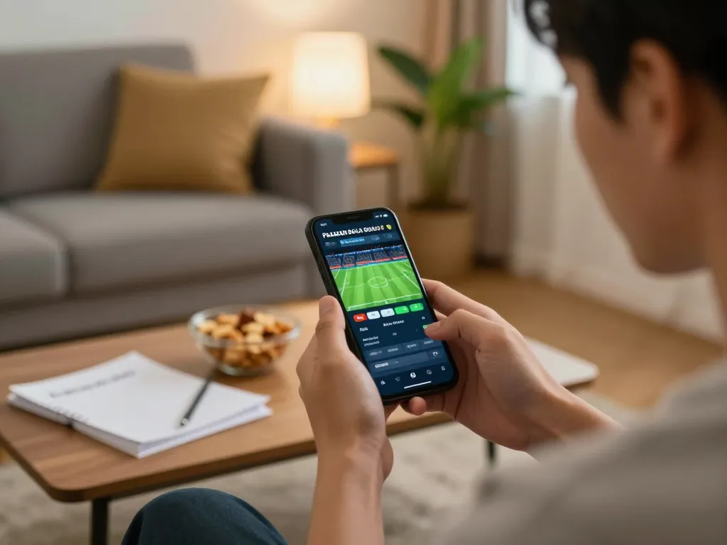 Engaging in Pasaran bola Golbos sports betting on a smartphone in a cozy home setting.