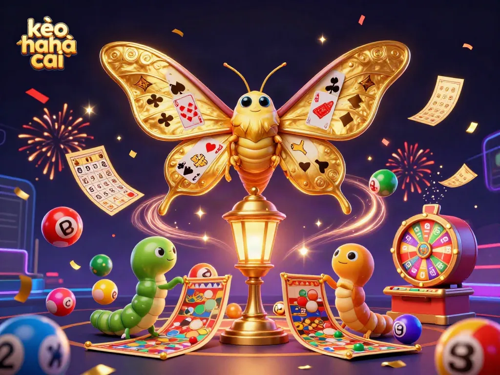 Place bets with kèo nhà cái, showcasing colorful lottery balls and a golden bingo card.