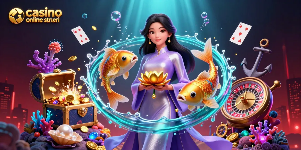 Scopri i casinò online stranieri con immagini vivaci di una scena lussuosa a tema asiatico, inclusi pesci koi e tesori d'oro.