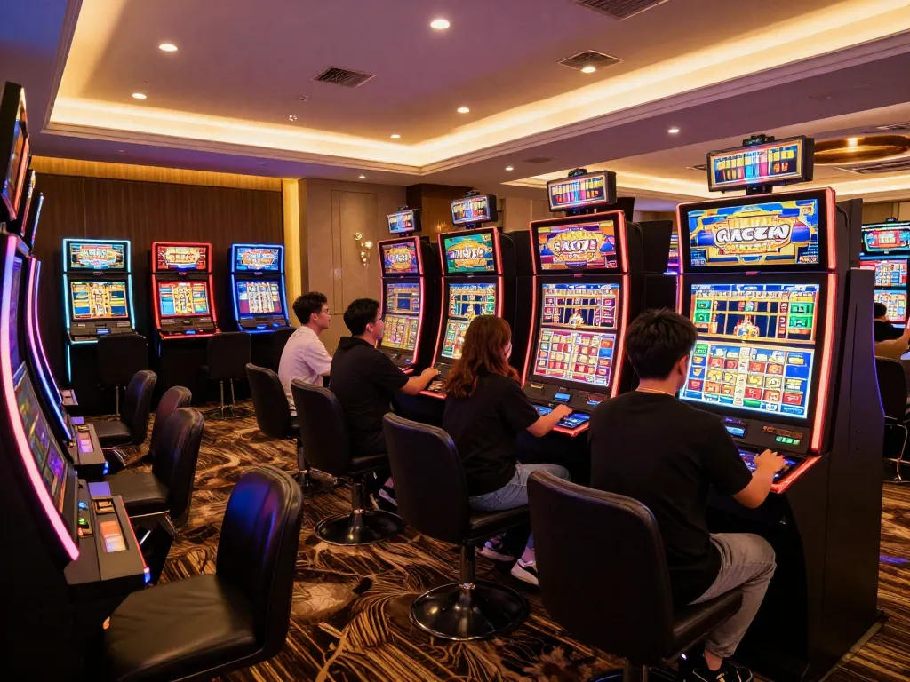 Players engaging with slot gacor machines, showcasing vibrant animated screens and excitement in a luxurious casino.