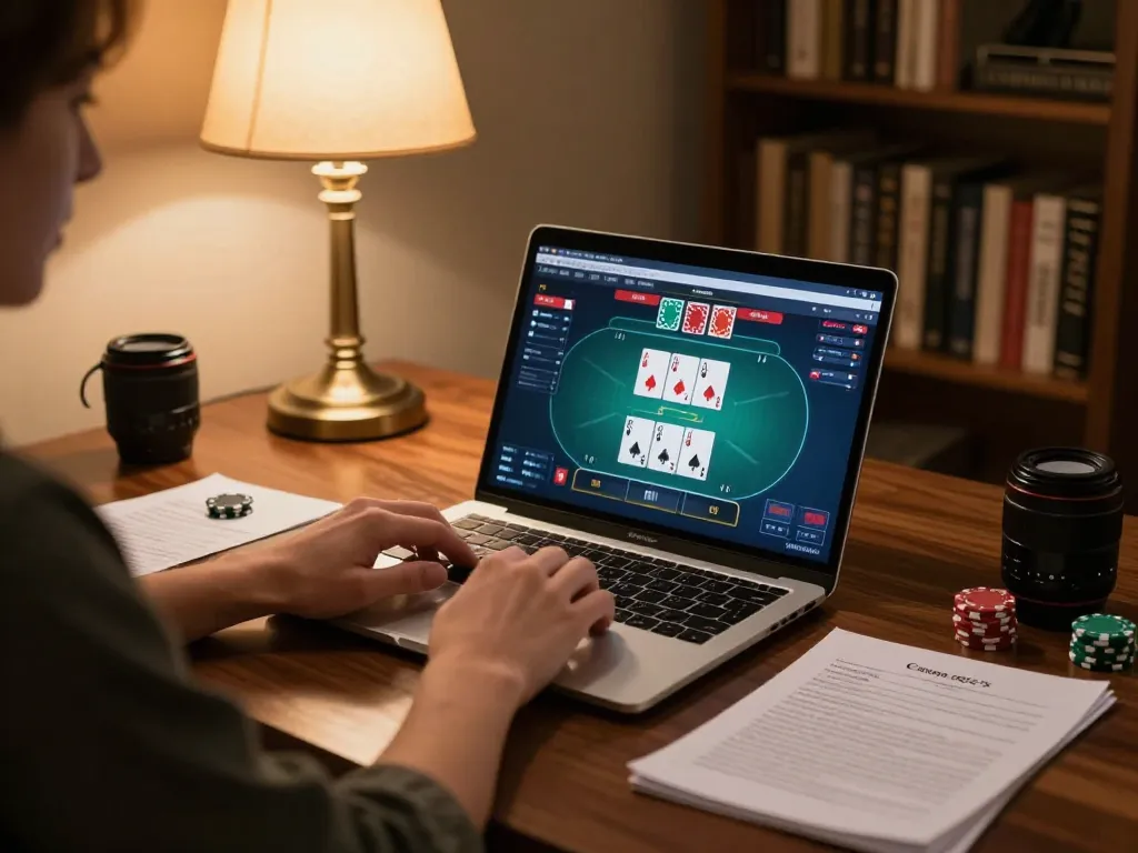 Player enjoying online poker at home on qq8827 platform, showcasing strategy notes and warm atmosphere.