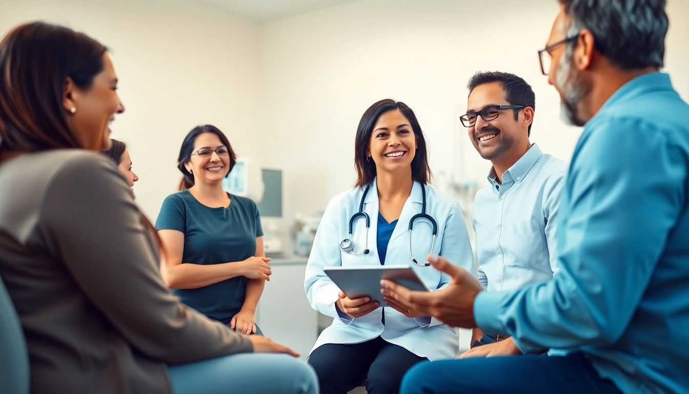 Engaging healthcare professional sharing health insights with patients in a modern clinic setting.