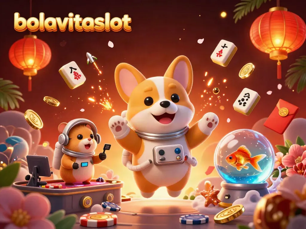 Engage with bolavitaslot's immersive space casino scene featuring a floating corgi and vibrant casino elements.