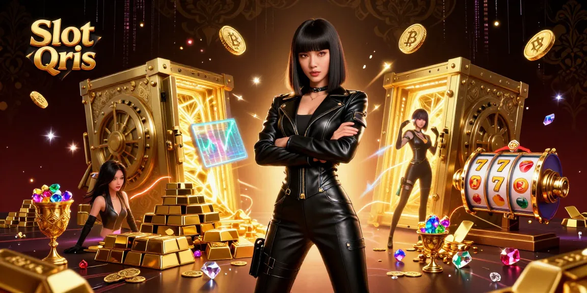 Experience Slot Qris with stunning visuals of a powerful woman and vibrant casino elements around her.