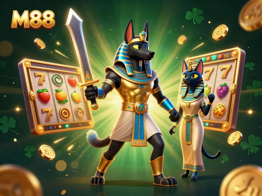 M88 showcases a vibrant 3D casino scene with Anubis and Bastet surrounded by slot game elements.